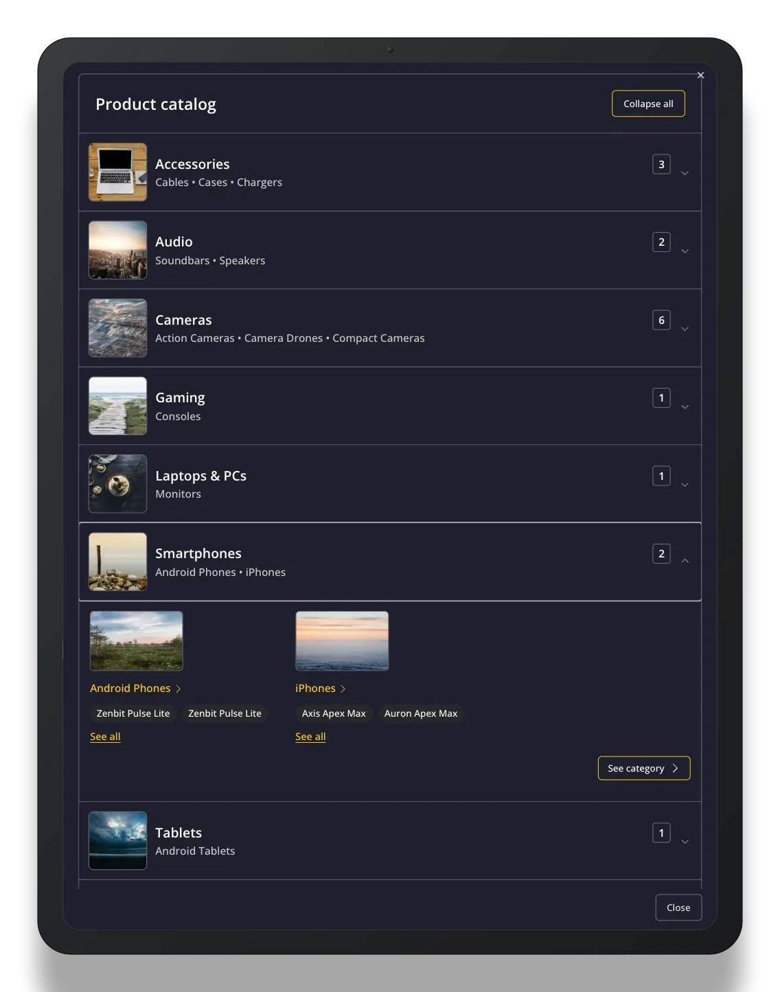 Tablet catalog navigation menu preview