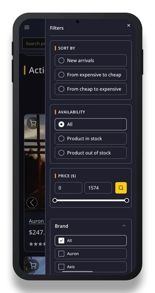 Mobile online store filter panel preview