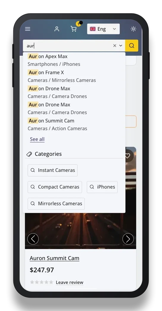 Mobile online store search autocomplete preview