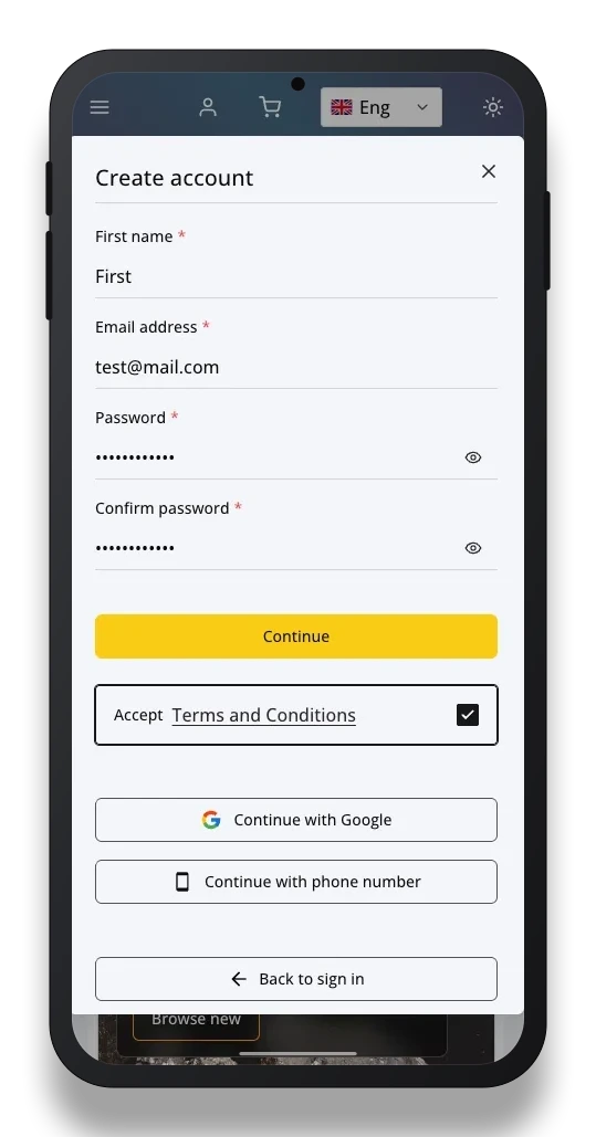 Mobile account registration preview